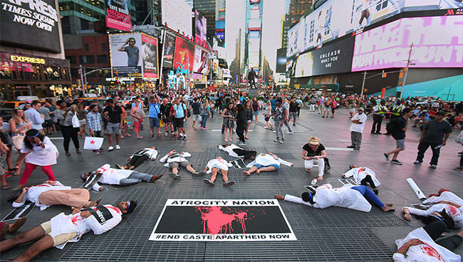 Activists stage a die-in in New York City. Photo by Thenmozhi Soundararajan, #DalitWomenFight